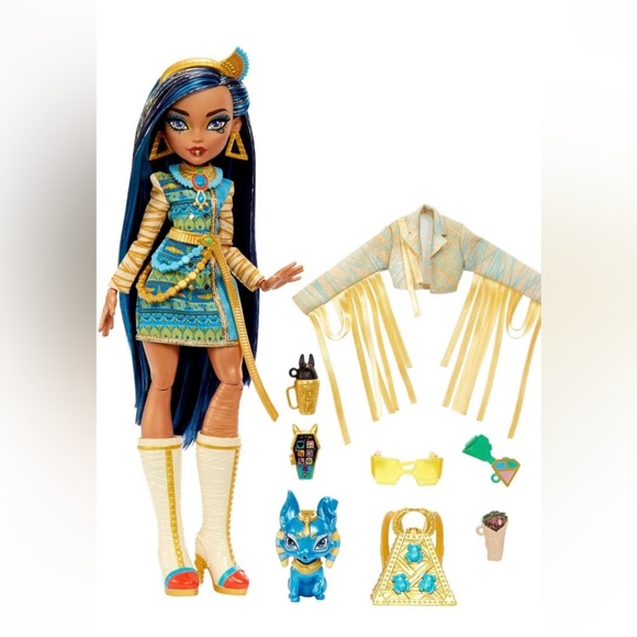 Monster High Cleo de Nile Doll Blue/Gold Outfit w/ Accessories & Pet Dog - Picture 6 of 7
